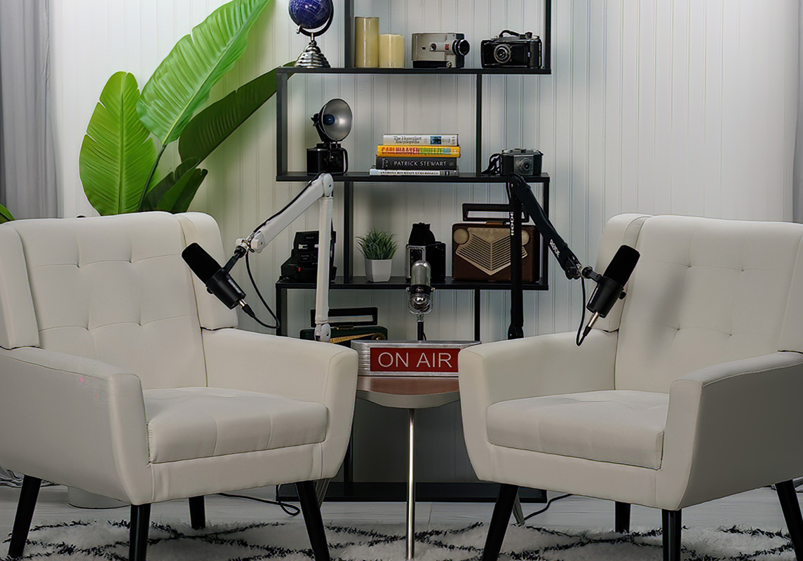 Podcast Room 01 · White set with ON AIR