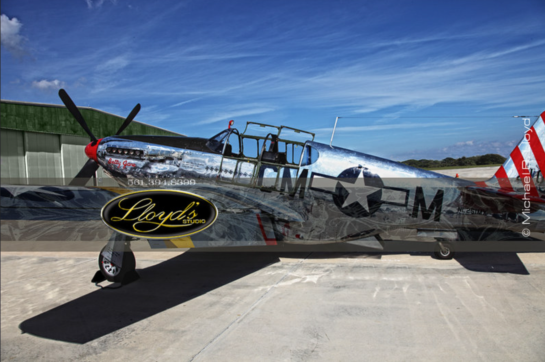Red Tail P-51C Mustang Betty Jane with its red nose and red-striped tail, photographed by Michael B. Lloyd at a Boca Raton airshow