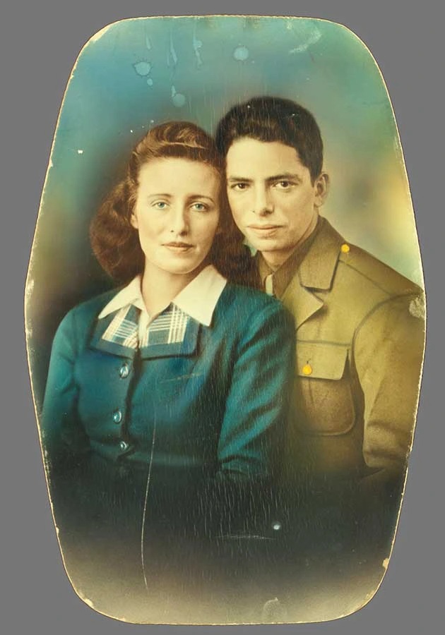 Old faded couple portrait before restoration