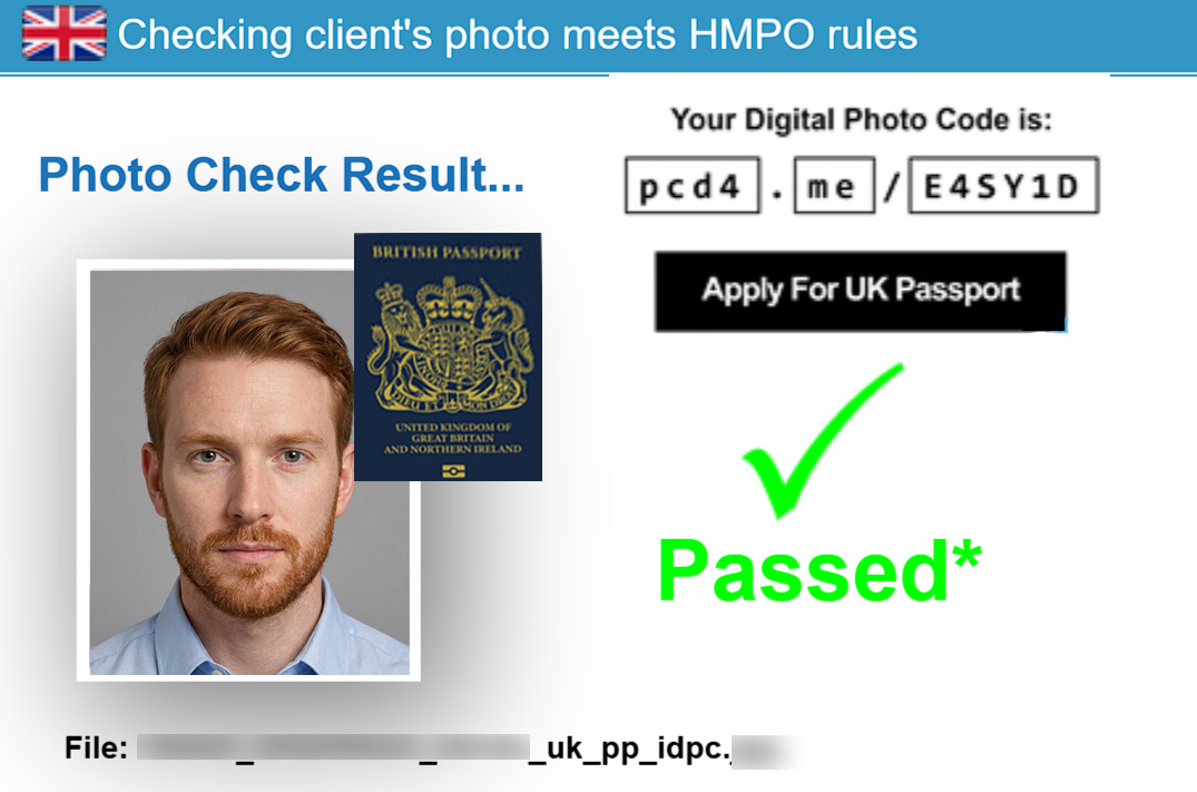 UK IDPC photo check result: every photo is checked automatically by HMPO software and passes, releasing a digital photo code to apply online