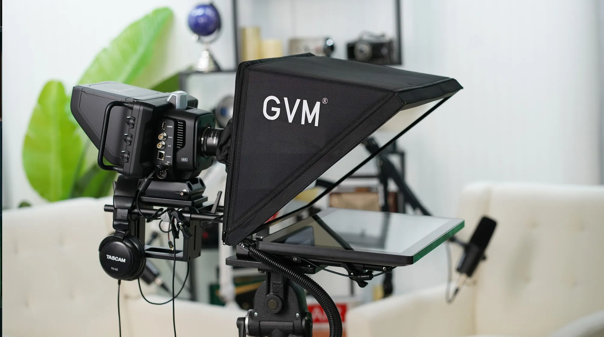 Blackmagic studio camera with a large GVM teleprompter at Lloyd's Studio